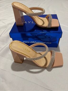 KAYLEEN By Los Angeles Nude Rhinestone Double-Strap Block Heels